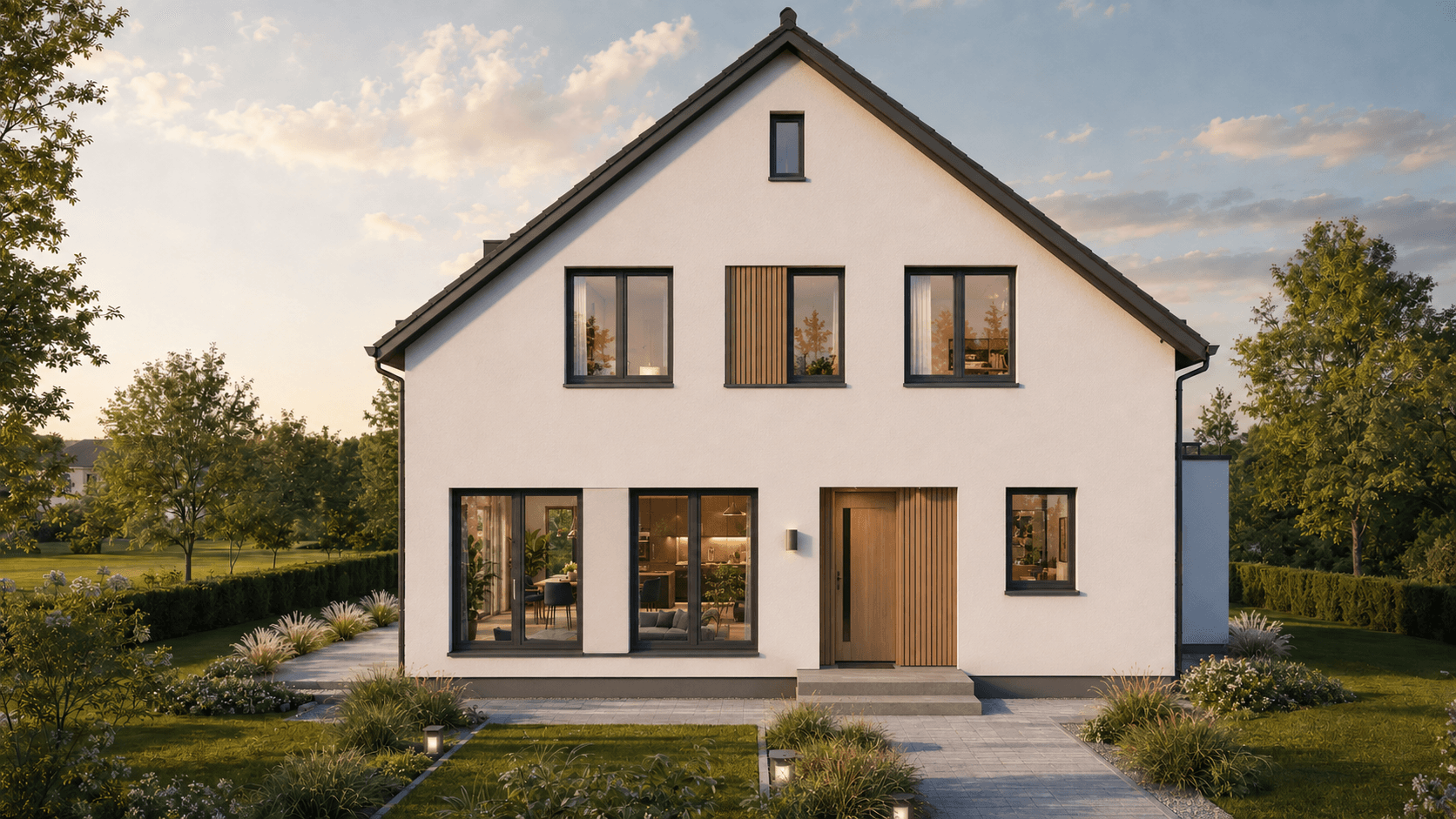 Geschlossenes Objektklar-Beispielhaus. Gestaltungsbeispiel, kein Kundenobjekt.